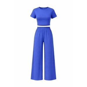 Royal Blue Crop Top Wide Leg Lounge Set Women XL 2 Piece Matching Description